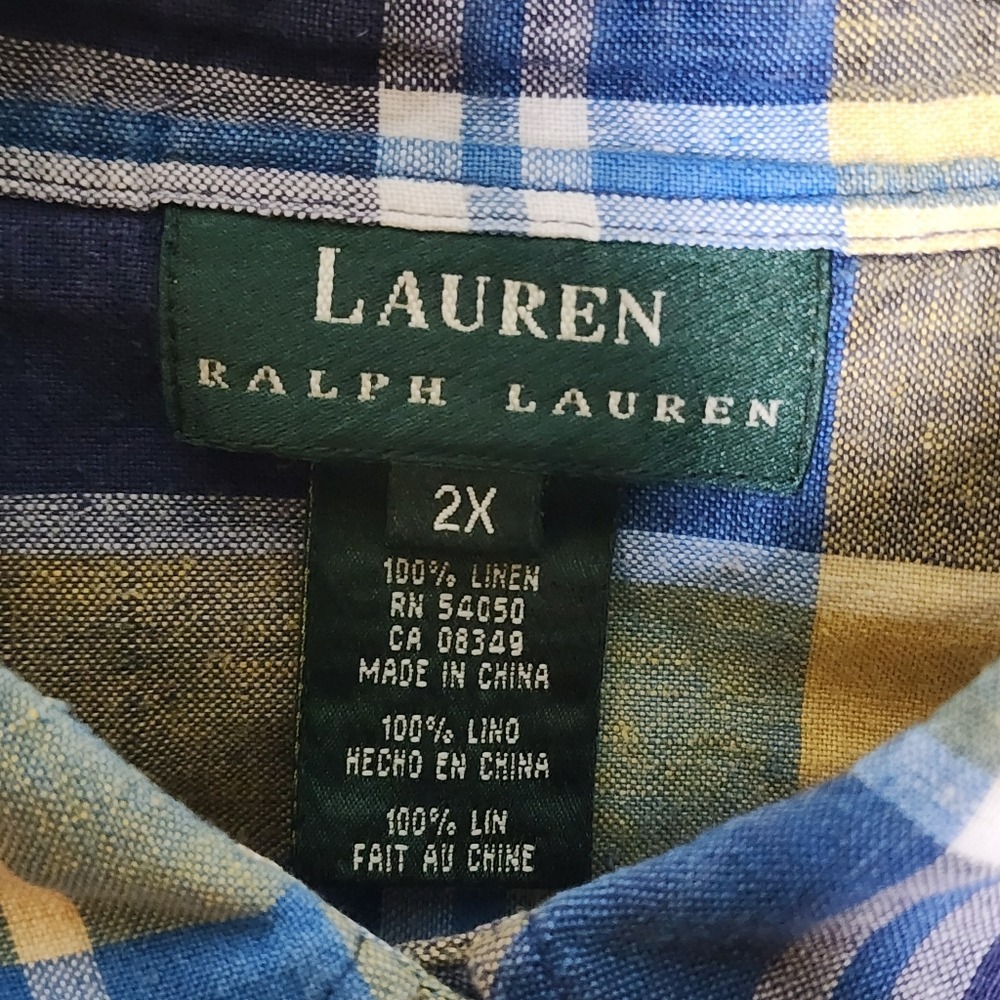 Lauren Ralph Lauren Linen Button Shirt Yellow Blue Paid Roll Tab Preppy 2X - Picture 4 of 5